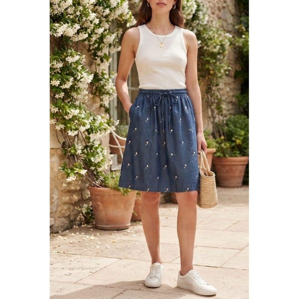 David Dart Sport Blue Tencel Embroidered Floral Midi Skirt Small Made in USA